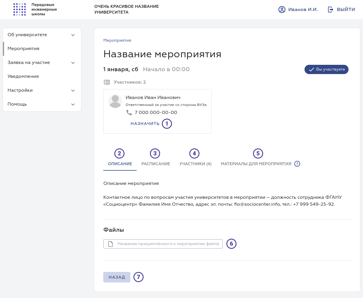 Вкладка описание мероприятия