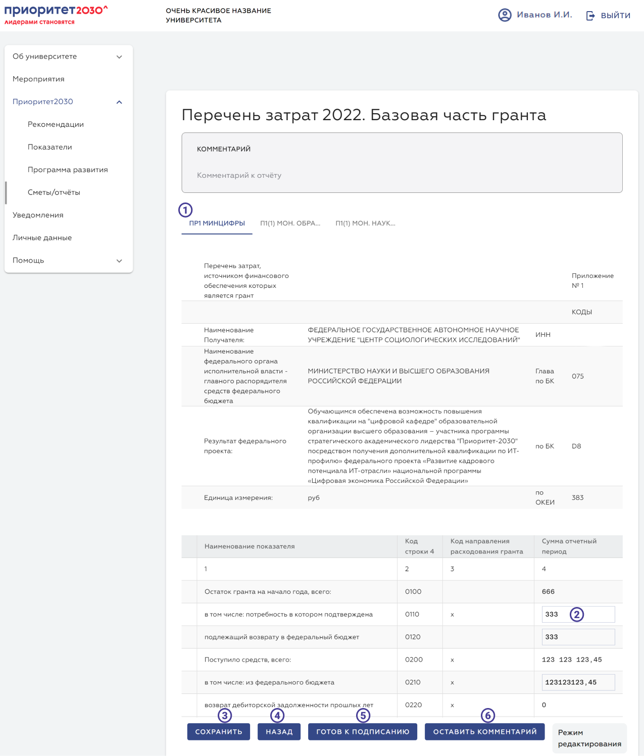 Рисунок 2 – страница отчёта в режиме редактирования